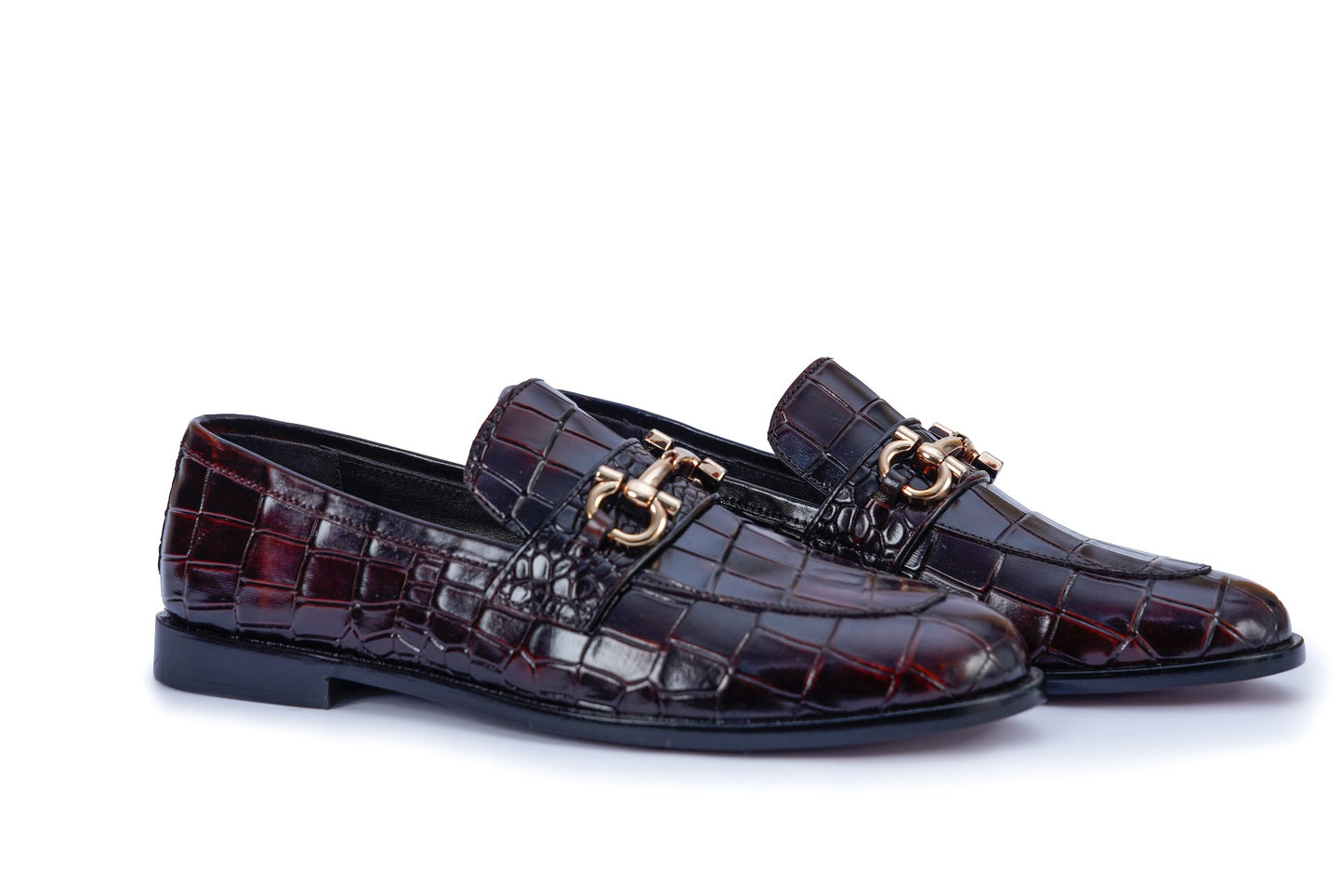 Men’s Black Crocodile Texture Leather Loafers with Metal Buckle – Premium Formal Shoes CK-11