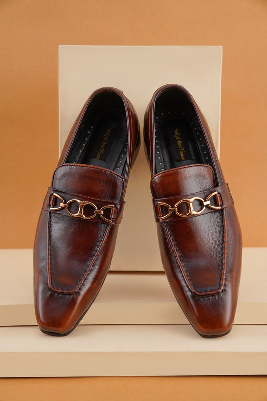 Premium Genuine Leather Chain Loafers – Dark Brown T-24