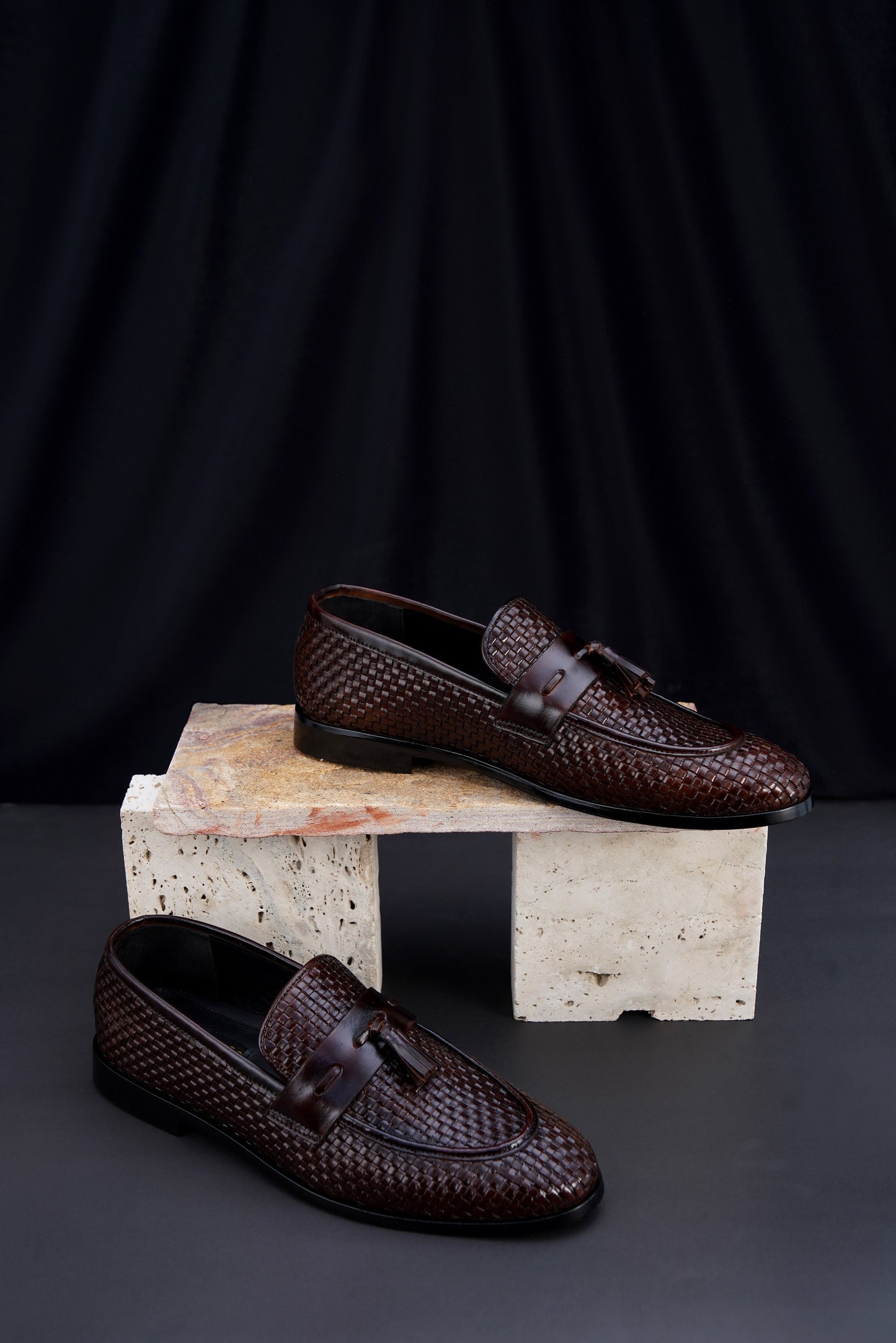 Men’s Brown Woven Leather Loafers – Classic Slip-On Formal Shoes L-0026