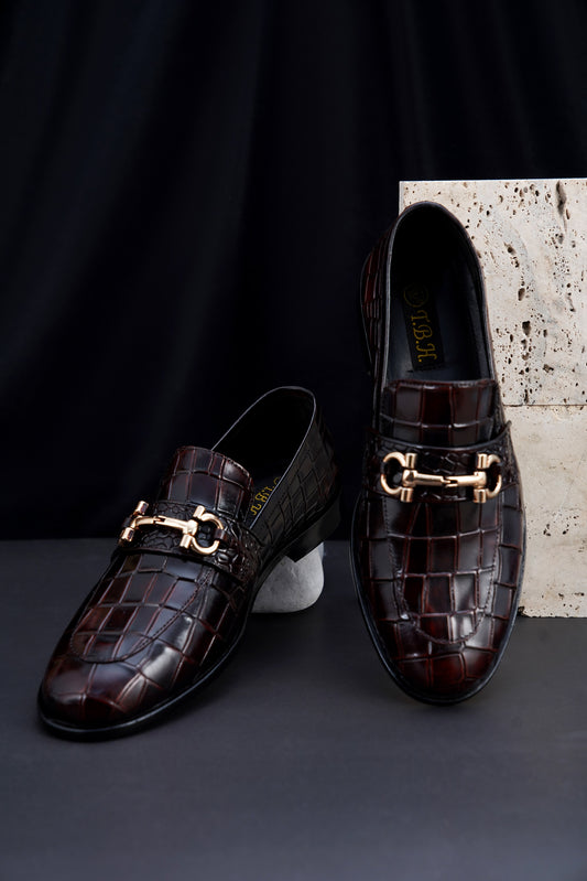 Men’s Black Crocodile Texture Leather Loafers with Metal Buckle – Premium Formal Shoes CK-11