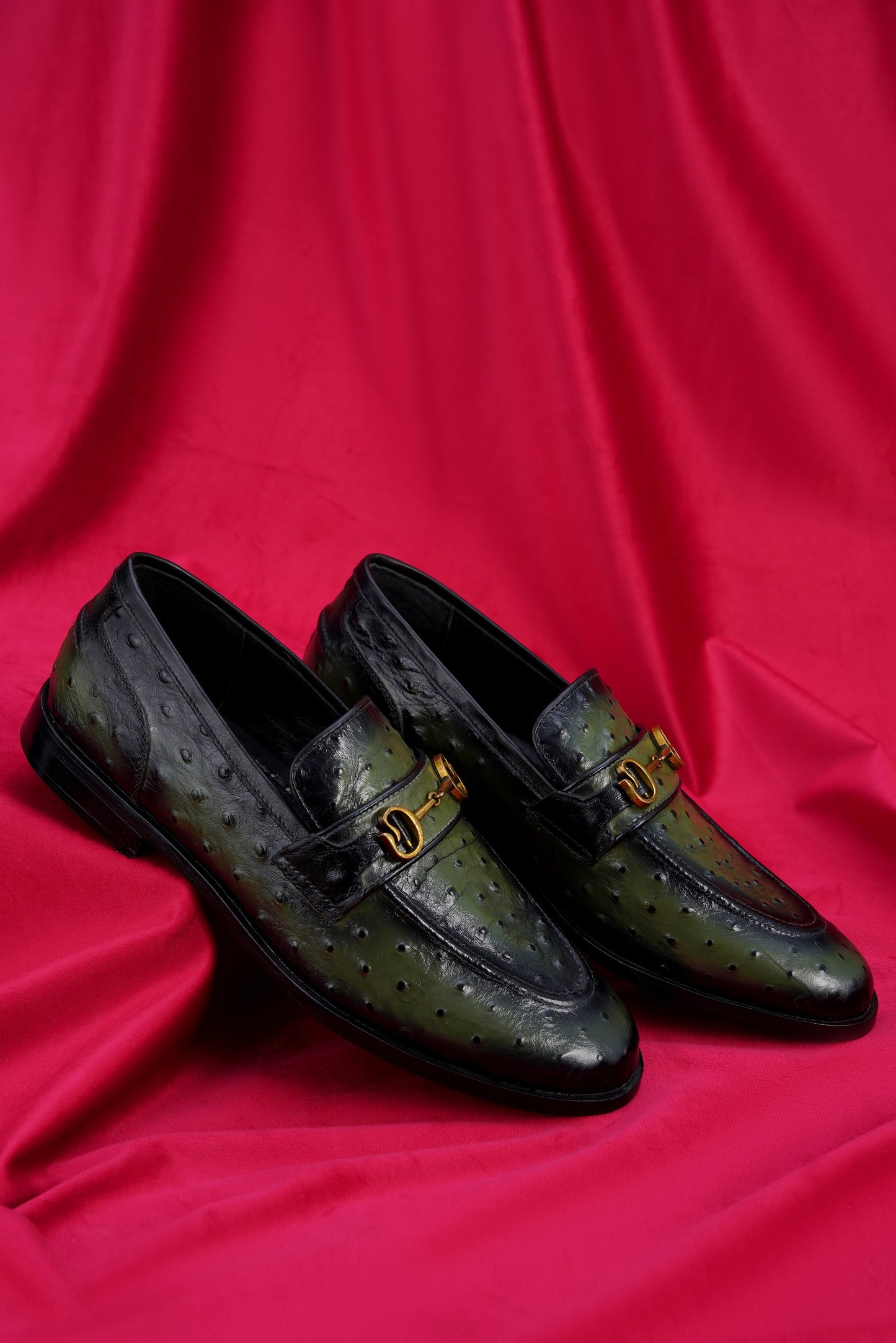 Men’s Green Patina Leather Loafers with Gold Buckle – Luxury Formal Shoes