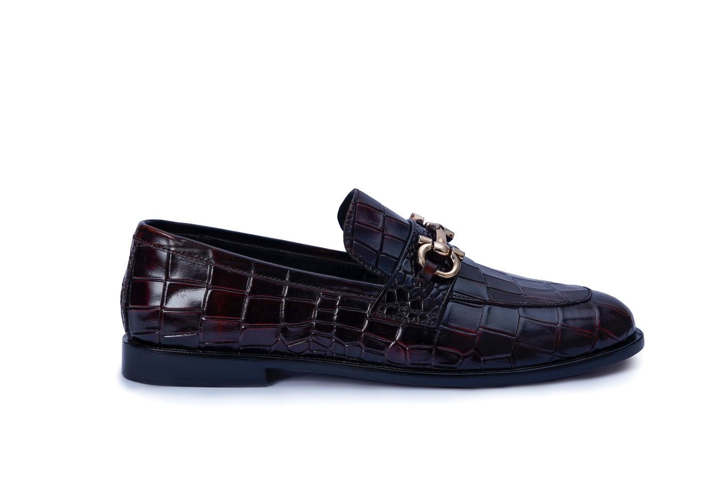 Men’s Black Crocodile Texture Leather Loafers with Metal Buckle – Premium Formal Shoes CK-11