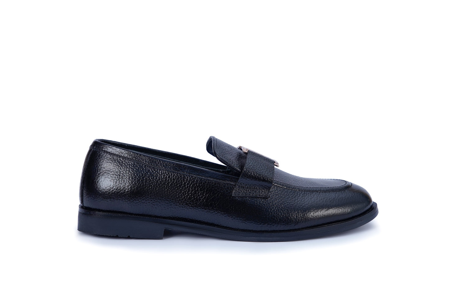 Men’s Black Leather Designer-Inspired Loafers – Metal Logo Slip-On Shoes
