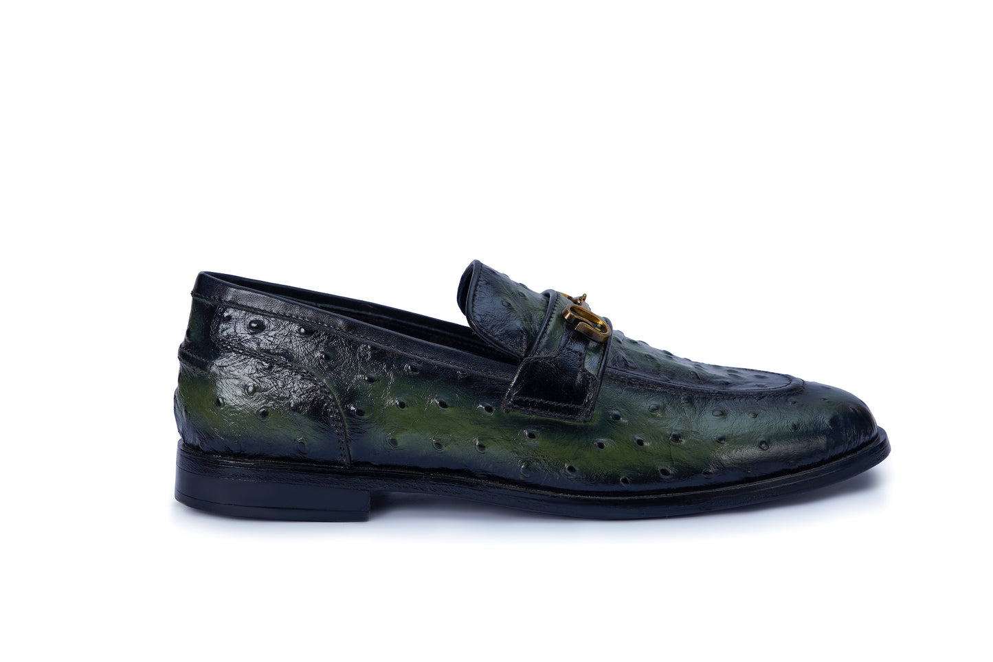 Men’s Green Patina Leather Loafers with Gold Buckle – Luxury Formal Shoes
