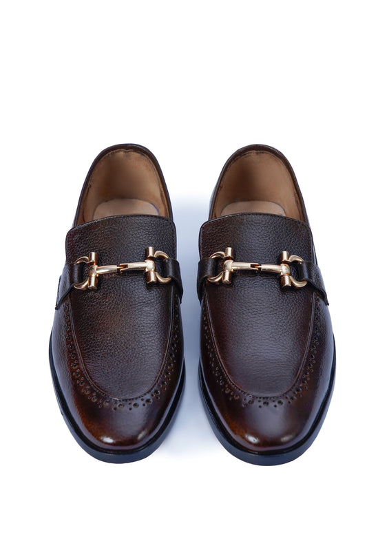 Men’s Dark Brown Leather Loafers with Gold Buckle – Premium Formal Shoes
