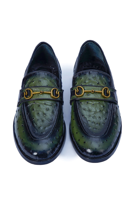 Men’s Green Patina Leather Loafers with Gold Buckle – Luxury Formal Shoes