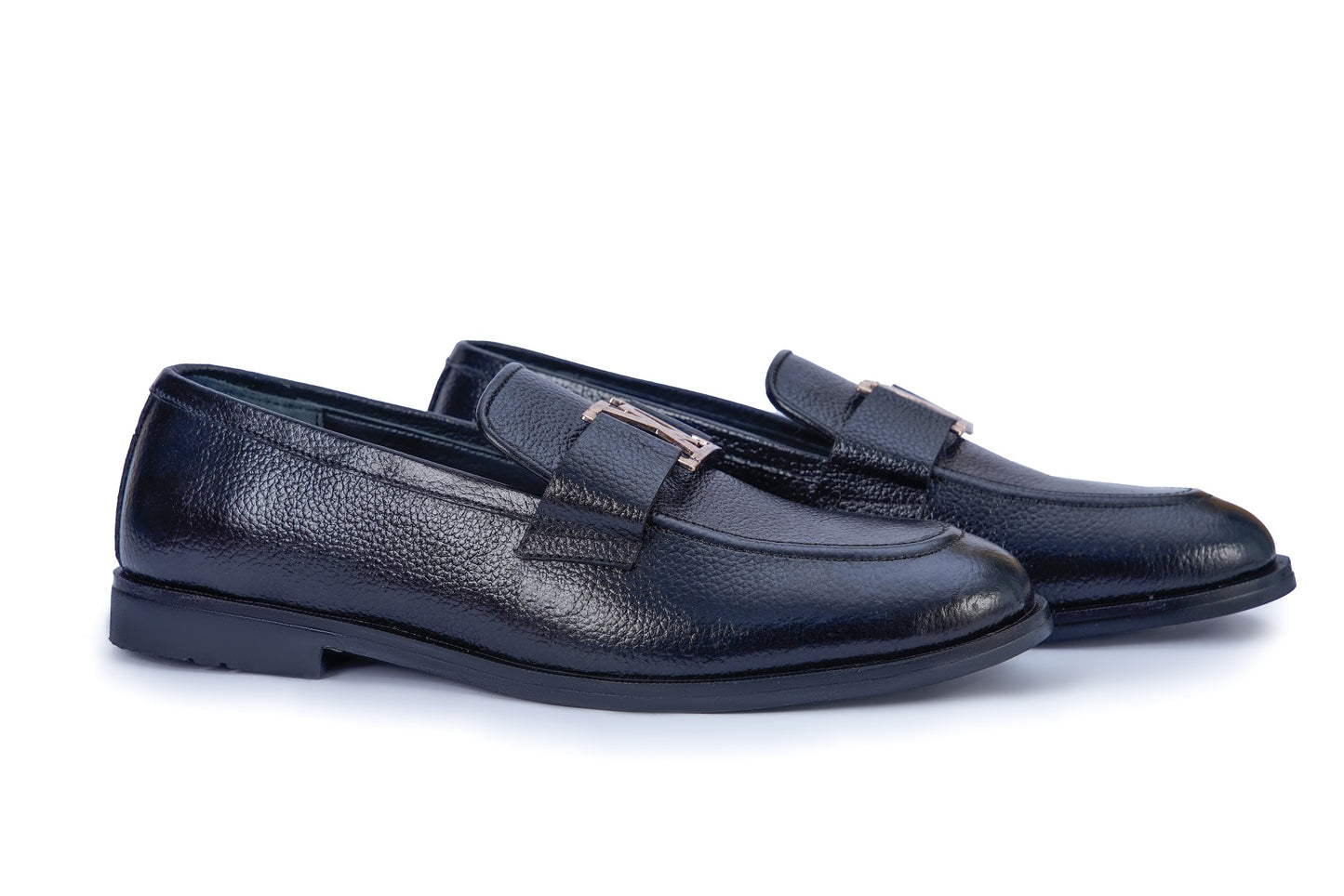 Men’s Black Leather Designer-Inspired Loafers – Metal Logo Slip-On Shoes