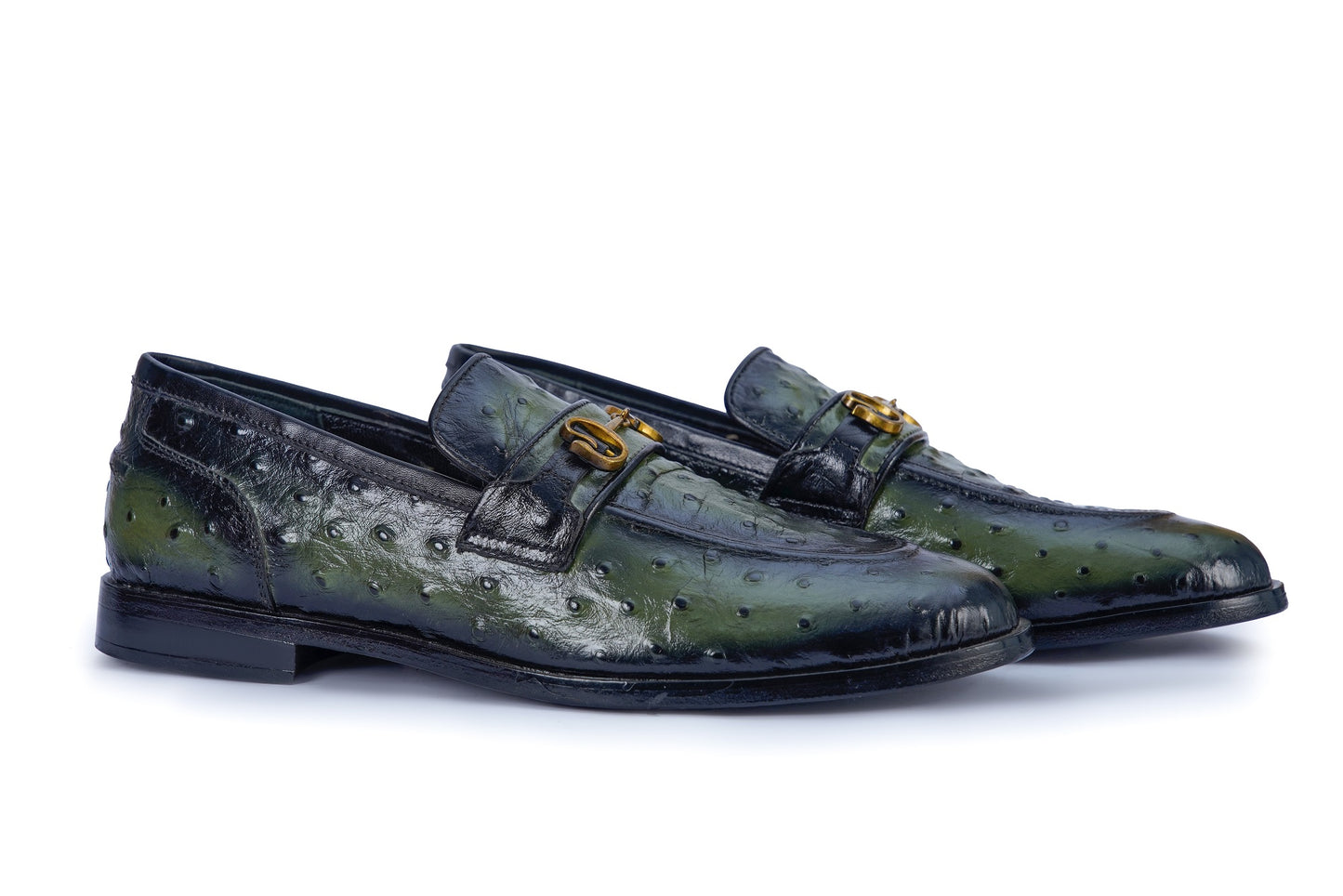 Men’s Green Patina Leather Loafers with Gold Buckle – Luxury Formal Shoes