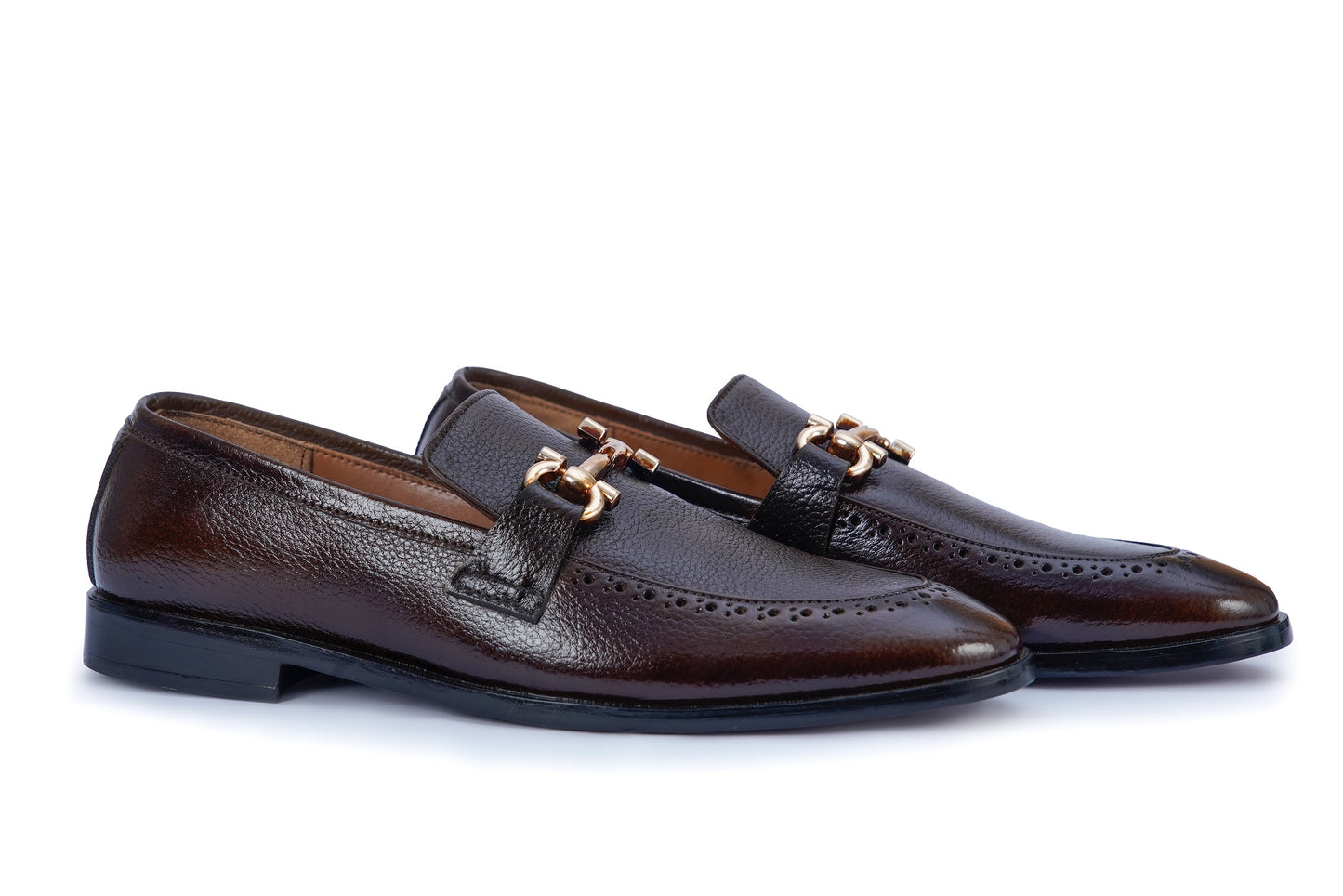 Men’s Dark Brown Leather Loafers with Gold Buckle – Premium Formal Shoes