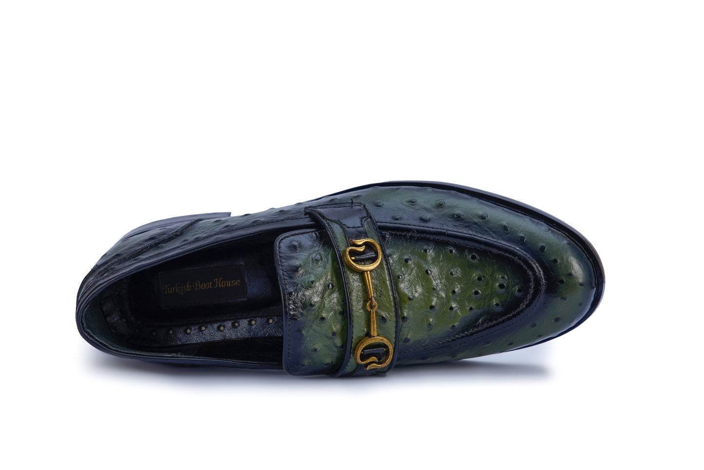 Men’s Green Patina Leather Loafers with Gold Buckle – Luxury Formal Shoes