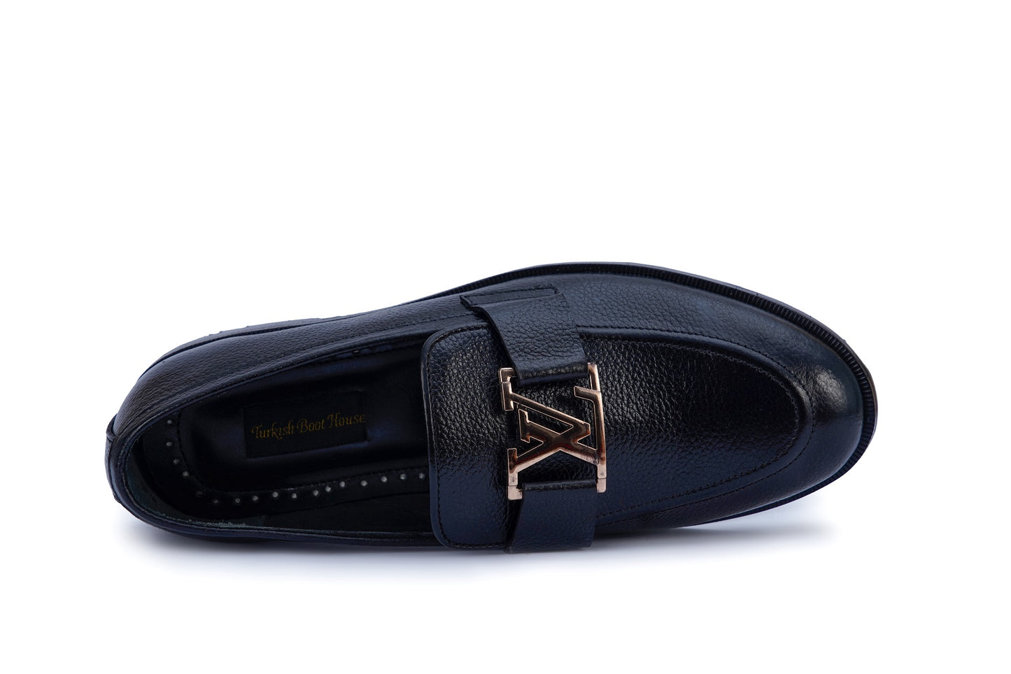 Men’s Black Leather Designer-Inspired Loafers – Metal Logo Slip-On Shoes